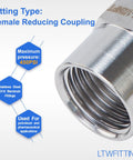 Stainless Steel 316 Female Reducing Pipe Fitting 1/2 Inch To 1/4 Inch NPT for water, air, and fuel lines, close-up view