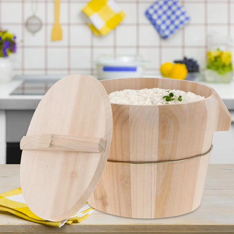 Premium Wooden Steaming Rice Basket Cooks Up Fluffy Fragrant Rice Fast with lid open showing fluffy rice inside.