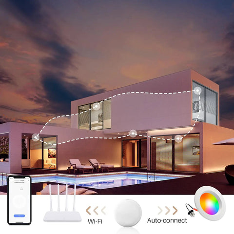 Peteme E26 Retrofit LED Recessed Lighting 4 Inch, IC Rated ETL Certified installed on modern home exterior at dusk.