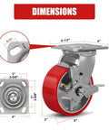 5 Inch By 2 Inch Plate Swivel And Brake Caster Wheels Set Of Four Heavy Duty Cast Iron Wheel With Polyurethane Non Marking Red Tread On Steel Hub