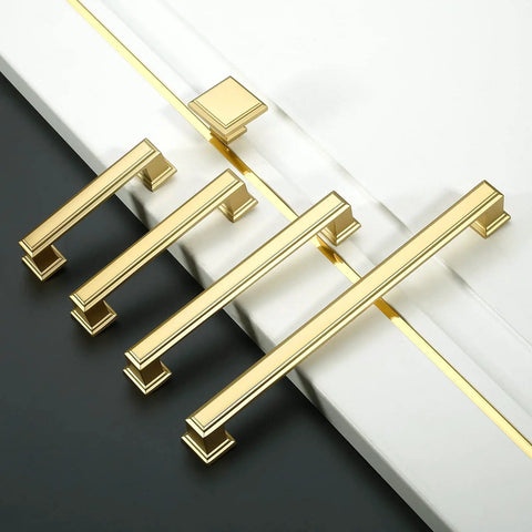 Premium Brushed Gold Drawer Pulls 10 Pack 5 Inch Cabinet Handles displayed in various sizes on a white background.