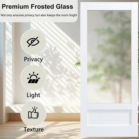 36 by 84 Inch Concealed Sliding Barn Door Featuring Frosted Glass Panels and Hidden Hardware to Keep Your Walls Dang Clean, showcasing premium frosted glass for privacy.