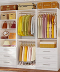 White Modular Closet System Featuring Six Sturdy Wooden Drawers, Five Deep Shelves, And Six Adjustable Hanging Rods For Walk In Bedroom Spaces, Heavy Duty Organizer Built To Hold Your Gear, Flexible Layout That Plays Nice With Any Room, displaying colorful clothing and accessories.