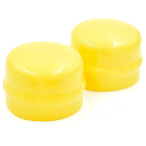 Straight Shooting Front Wheel Bearing Hardware Rebuild Kit Featuring Premium Hub Caps, two yellow hub caps for lawn tractors.