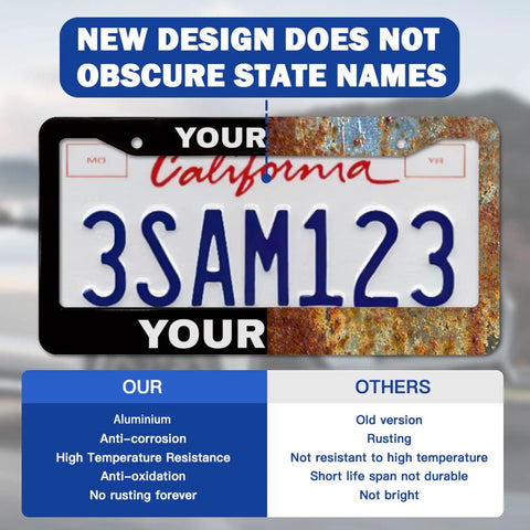Comparison of custom license plate frame showing design that doesn't obscure state names, highlighting aluminum vs rusting materials.