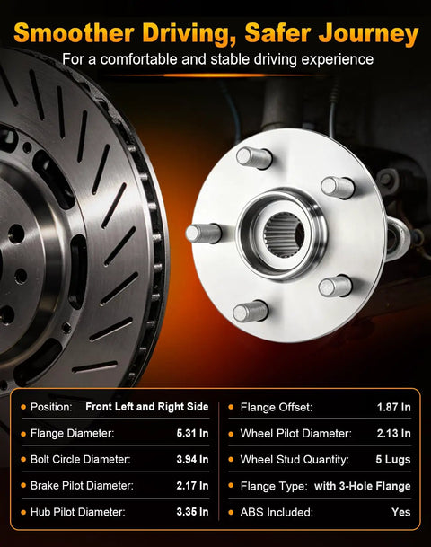 Front Wheel Hub And Bearing Assembly Pair For Toyota Corolla And Prius Models 2Pcs 5 Lug ABS Ready with specifications displayed.