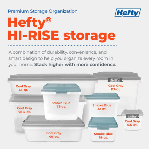 Hefty HI-RISE storage bins in various sizes, including 98.5 qt and 63 qt, for home organization in cool gray and smoke blue.