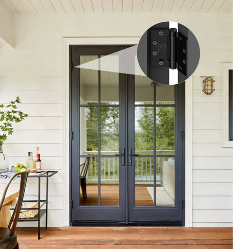 3 Pack Self-Closing Door Hinges, 4.5 Inch Spring Hinges With Adjustable Tension, installed on black double exterior doors with glass panels.