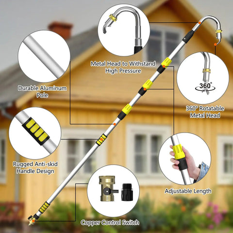 Telescoping Gutter Cleaning Kit With 16Ft To 24Ft Reach From The Ground, 360 Degree Rotating Metal Nozzle, Extension Pole, Hose Attachment