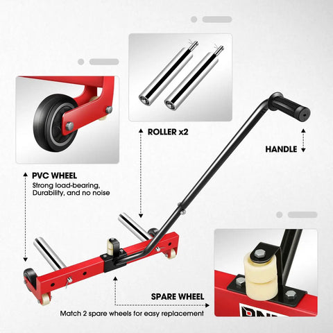 Close-up of Heavy Duty Tire Wheel Dolly Adjustable Steel Roller Cart showcasing PVC wheel, rollers, and handle design.