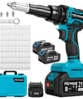 Tough As Nails Brushless Cordless Rivet Gun Packing Serious Pulling Force And Two Extended Batteries For Quick Aluminum Fastening. Includes rivets and charger.