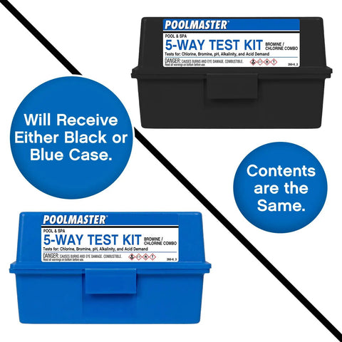 5-Way Liquid Reagent Pool Water Test Kit with black and blue cases for testing chlorine, bromine, pH, alkalinity, and acid demand.