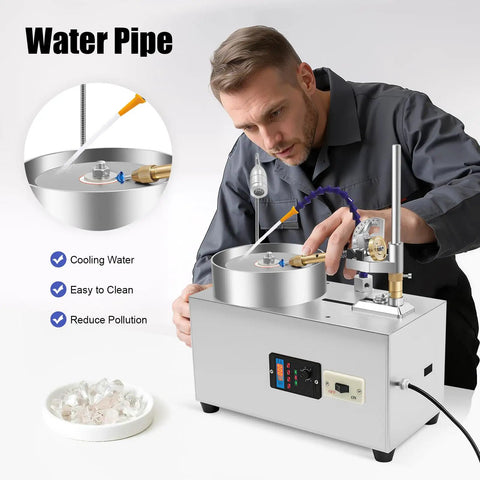Gem Faceting Machine 180W 110V Gemstone Grinding Jewelry Lapidary Cutter Polisher in use by a person, features water cooling.