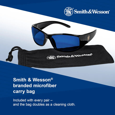 Elite Safety Glasses With Blue Mirror Lenses Black Frame ANSI Z87.1 Rated Outdoor Sunglasses displayed with microfiber bag.