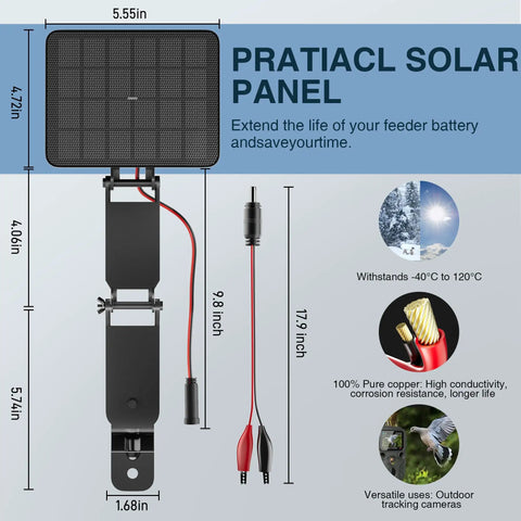 12V Deer Feeder Solar Panel 2.4W Monocrystalline Trickle Charger with dimensions and connectors for battery maintenance.