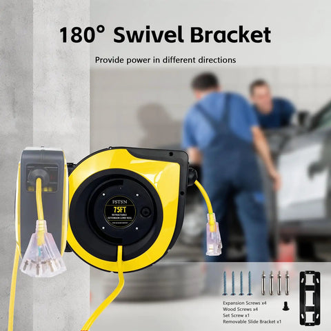 Heavy Duty Retractable Extension Cord Reel Rolls Up Crisp Saves Floor Space Delivers Serious Muscle For Garage Or Shop With 75 Foot 14 Gauge Cable Lighted Triple Outlets And 10 Amp Breaker showing 180° swivel bracket and yellow cord.