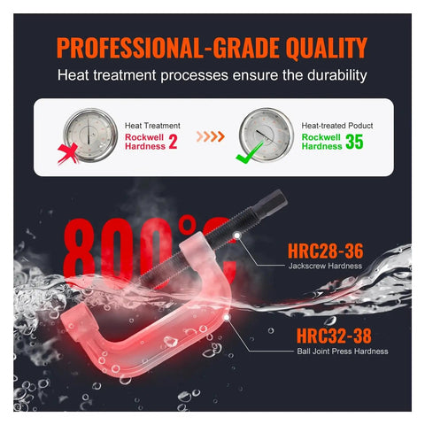 Hella Durable Ball Joint Press Kit With Robust C Frame Design showcases jackscrew hardness and heat-treatment process for durability.