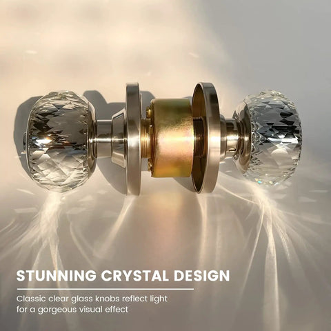 Crystal Door Knobs With Lock And Keys, 6 Pack Keyed Alike Glass Door Knob Set In Satin Nickel close-up showing crystal design