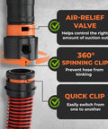 7 Piece Dust Collection Hose Adapter Kit For Shop Vac System Woodworking Power Tools display showing air-relief valve and spinning clip features.