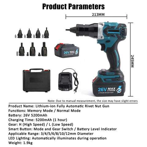 Powerful Heavy Duty Pro Grade Cordless Rivet Nut Gun With Dual 26V Batteries And Brushless Motor for M3 to M12 fastening tools.