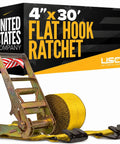 Flat Hook Ratchet Strap 4 Inch By 30 Foot Heavy Duty Webbing For Flatbed Trailers, 5400 Lbs Working Load Limit, packaging and product