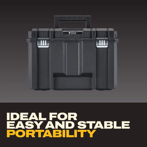 Front view of Extra Large TSTAK Tool Box With Removable Tray For Quick Tool Access And Water Debris Resistant Build, portable design.