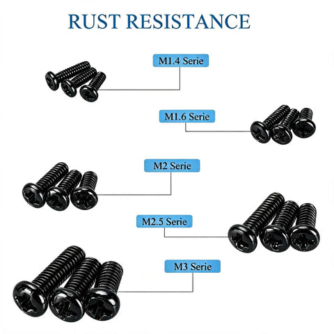 750 Pieces Black Mini Screw Assortment Kit M1.4 To M3 Phillips Pan Head Carbon Steel Fasteners displayed by size series.