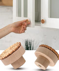 12 Pack Brown Boho Rattan Dresser Knobs With Screws Included, 40mm By 30mm Cabinet Drawer Knobs, Natural Wood Pulls For Furniture, Rustic Modern Vibe, Durable Solid Wood Construction, Smooth Finish, Easy Install. Hand installing round woven wood cabinet knob on white door