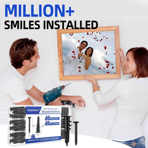 Happy couple using Self Drilling Size Eight Drywall Anchors And Screws Set, Heavy Duty Nylon And Glass Fiber Construction, 80 Lbs Load Capacity, Pre Drill Free, Includes 40 Anchors And 40 Screws With Storage Case For Hanging Shelves TVs And Pictures to hang a wedding photo.