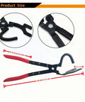Front view of WASYDY exhaust hanger removal tool with red-handled pliers and curved hook for rubber hangers, 30.8 cm.