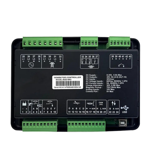 6020MKII Generator Controller Panel With AMF Automatic Start Mains Failure Protection For Genset Rock Solid Generator Control Module One Piece Kit For Standby And Prime Power front view with terminal ports