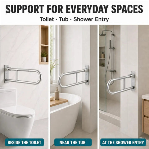 Hella Sturdy 24 Inch Folding Toilet Grab Bar With Rock Solid Anti Slip Surface For Bathroom Accessibility And Safe Shower Assistance Made From Brushed T304 Stainless Steel That Handles Up To Five Hundred Pounds Without Breaking A Sweat, installed beside toilet and near tub.