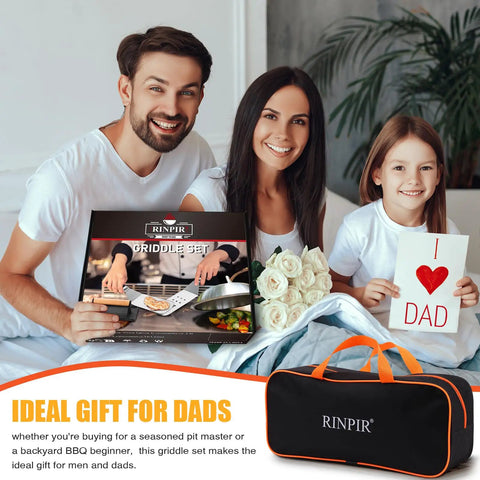 Family holding 42 Piece Flat Top Griddle Accessories Kit With Extra Wide Burger Spatula, shown with gift packaging for dads