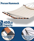 12Ft Two Person Hammock With V Shaped Hardwood Spreader Bar And Nylon Rope For Outdoor Chill On Patio Garden Backyard Beach Poolside 450Lb Capacity 55In By 79In Beige