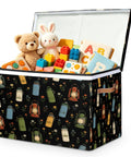Top Shelf Storage Chest With Lid Holds Massive 85 Liter Load Sturdy Toy Box For Quilts And Plush Dolls filled with toys and stuffed animals.
