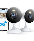 Dual Band Indoor Outdoor Security Camera With App Control For Home And Fur Babies, Spotlight, Color Night Vision, Two Way Audio, Round The Clock Monitoring, SD And Cloud Storage, Alexa Compatible, 2 Pack shown with smartphone app control, white, two standing cameras.