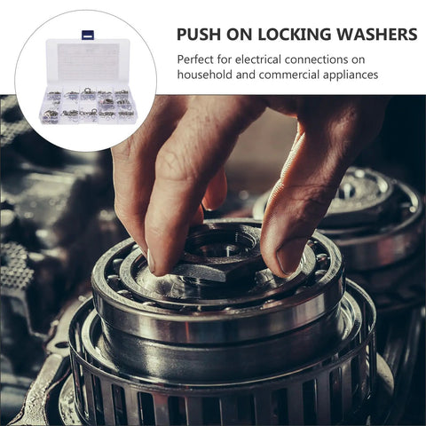 Hand installing washer from Serrated Lock Washers Set In Plastic Case, 400 Pieces Stainless Steel Internal And External Tooth Washers