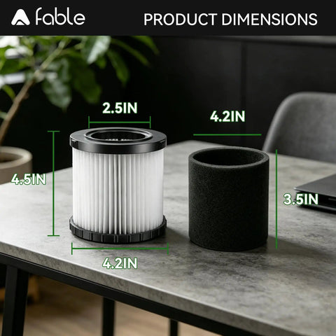 Two Pack Wet And Dry Vacuum Replacement Filter Set For DCV580 And DCV581H dimensions on tabletop, 4.2x4.5in, 4.2x3.5in