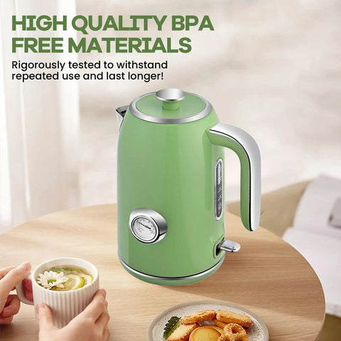 Retro Green 1.7L Stainless Steel Electric Kettle With Temperature Gauge Rapid Boil 1500W Auto Shutoff Boil Dry Protection BPA Free