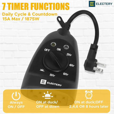 Heavy Duty Outer Timer Outlet Waterproof Plug In Dusk To Dawn Light Sensor 24 Hour Mechanical Countdown with dial and plug.