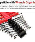 40 Tool Modular Driver Organizer Set Red ODM91240 Made In USA Keeps Each Driver In Its Own Slot For Neat Drawers And Quick Access In Your Workshop Or Tool Chest, with wrenches visible in connected slots.