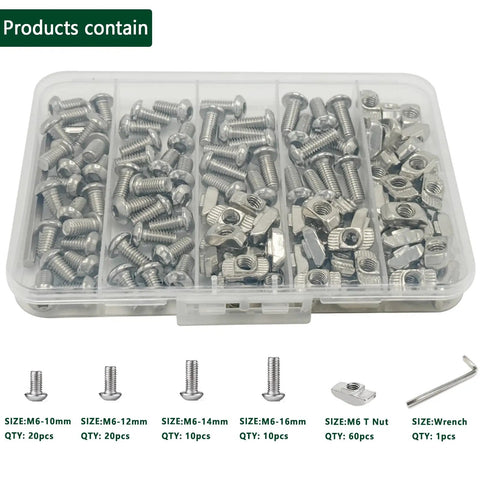 Rock Solid M6 T Slot Bolts And Nuts Hardware Bundle For 3030 3060 Aluminum Extrusion Rails, 120pc sorted kit in clear storage.
