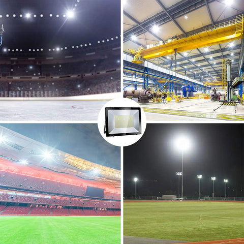 Badass 600W Led Outdoor Stadium Flood Light 48000 Lumen used in sports arena, industrial site, and outdoor field settings.
