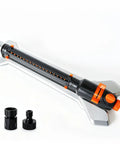 Turbo Oscillating Water Sprinkler With 17 Nozzles shown on a beefy metal base, quick connect hose attachments visible