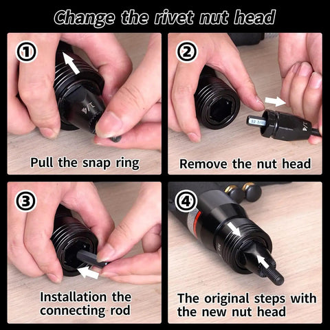Step-by-step guide for Adjustable Speed Pneumatic Rivet Nut Gun Kit With Five Mandrels showing nut head change process.