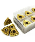 Turning Inserts For Hard Steel 10 Pcs WNMG080404 WNMG080408 TM T9125 Coated External Lathe Tools For Fast Cuts Low Friction High Wear And Heat Resistance Made For Real World Tough Jobs. gold WNMG inserts in plastic case