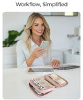 Woman using laptop with Electronics Organizer Travel Case for Cords Chargers Cables and Small Tech Gear Dual Layer Pouch nearby
