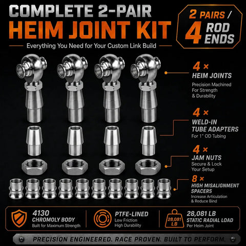 Built Tough Three Quarter Inch Heim Joint Rod End Kit With 4130 Chromoly Bodies And 52100 Steel Balls showing 4 heim joints and accessories.