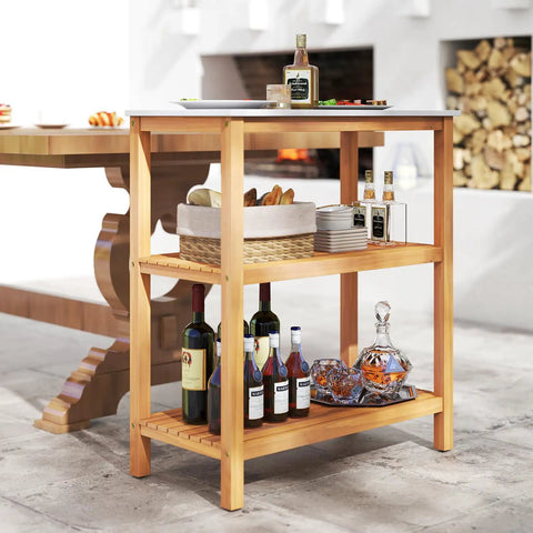 Outdoor Wooden Sideboard With Marble Look Countertop And Three Tier Acacia Buffet Organizer For Patio Yard Ready Potting Bench And Plant Stand For Backyard Garden And Deck Entertaining And Storage, displaying liquor bottles and decor.