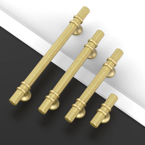 Slick 10 Pack Knurled Brushed Gold Cabinet Handles 5 Inch Center To Center For Kitchen Cupboard Drawer Pulls, 4 sizes displayed.